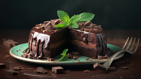 Chocolate cake with mint on a dark background. Selective focus.の素材