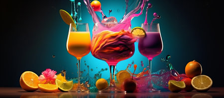 Colorful cocktails splashing out of a glass on a dark backgroundの素材
