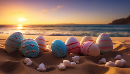 Colorful easter eggs on the sandy beach at sunset time.の素材