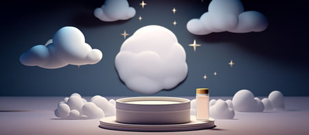 3d rendering of cosmetic product display podium with clouds and stars backgroundの素材