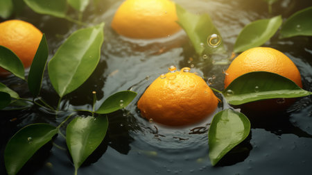 Fresh orange fruits with green leaves on water surface, closeup. Healthy foodの素材