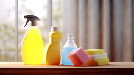 Plastic bottles with cleaning products on wooden table against window background, closeupの素材