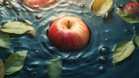 Red apple on water surface with leaves and drops. Top view.の素材