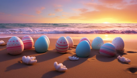 Colorful easter eggs on the beach at sunset. 3d renderの素材