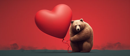 Bear with red heart balloon. Valentines day concept. 3D Renderingの素材