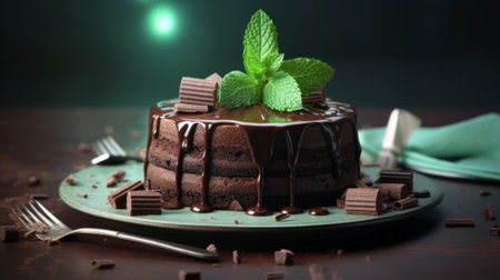 Chocolate cake with mint on green plate on wooden table, closeupの素材