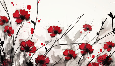 Watercolor floral background. Red flowers on white background. Watercolor painting.の素材