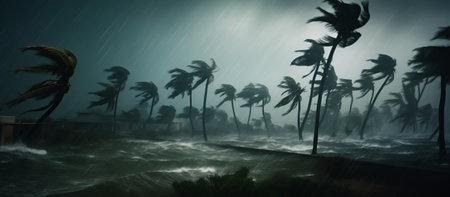 Palm trees in the rain at night, 3d render.の素材