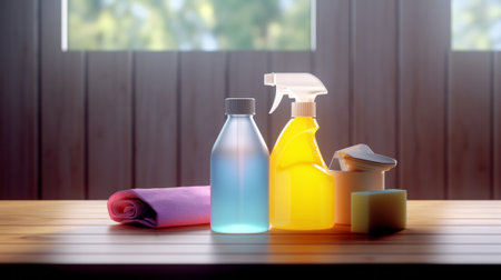 Cleaning products on a wooden table in the room. 3d renderingの素材