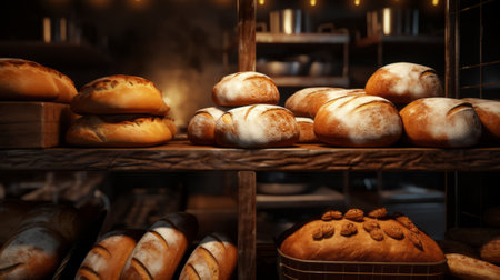 Different kinds of bread on shelf in bakery shop, closeup viewの素材