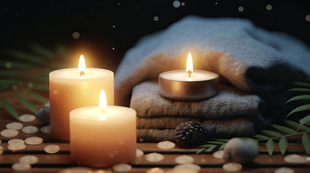Spa still life with burning candles and towels on wooden background.の素材