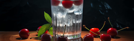 cherry juice in a glass with ice and cherries on a dark backgroundの素材