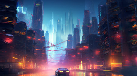 Night scene with high-rise buildings and street lights. 3d renderingの素材