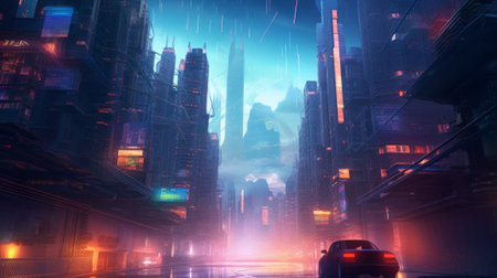 Futuristic city at night, 3d rendering. Computer digital drawing.の素材
