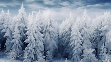 Fantastic winter landscape with snowy fir trees. Panoramic viewの素材