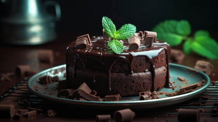 Piece of chocolate cake with mint leaves on a dark background.の素材