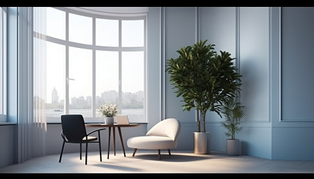 Modern office interior with large window and city view. 3D Renderingの素材
