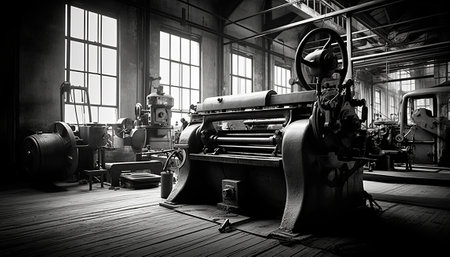 Industrial interior of a factory with machinery and equipment. Black and whiteの素材