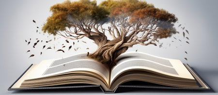 Tree growing from an open book on gray background. Conceptual imageの素材