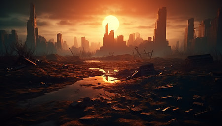 Fantasy landscape with city destroyed by the earthquake. 3d renderの素材