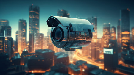 CCTV camera on city background. 3d rendering and illustration.の素材
