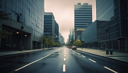 Empty street in the city with modern skyscrapers in the backgroundの素材