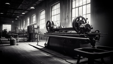 Industrial interior of an old factory. Black and white photo.の素材