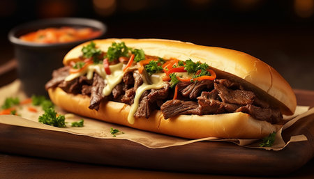 Tasty hot dog with beef and vegetables on wooden board, closeupの素材