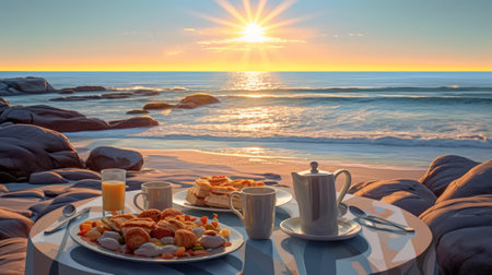 Breakfast with coffee and croissants on the beach at sunsetの素材