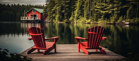 Two red rocking chairs on a pier by a lake in the forestの素材