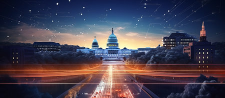 Illustration of US Capitol building and traffic at night. 3D renderingの素材