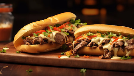 Two hot dogs with beef, cheese and vegetables on a wooden boardの素材