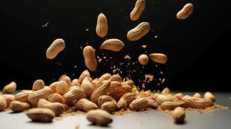 Flying peanuts on a black background. Shallow depth of field.の素材