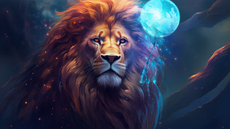Lion in the universe. Fantasy illustration of a wild animal.の素材