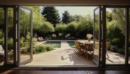 Outdoor patio with swimming pool, view from the terrace.の素材
