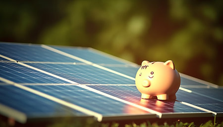 Piggy bank with solar panels in the background. 3D rendering.の素材