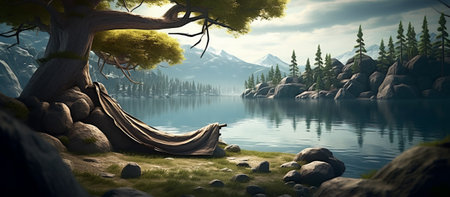Fantasy landscape with lake and pine tree. 3D illustration.の素材
