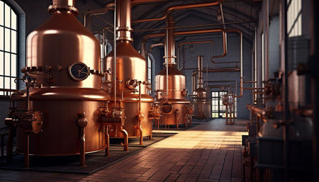 3d render of copper tanks and pipes in a factory interior.の素材