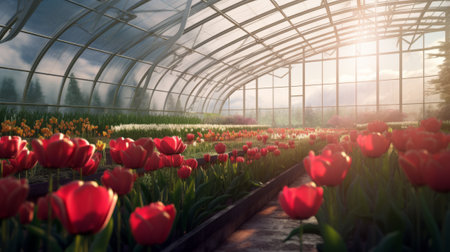 Tulips blooming in a greenhouse in springtime. 3d renderの素材