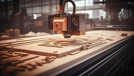 3d rendering. CNC milling machine cutting wood. Small depth of field.の素材