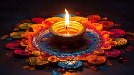 Indian Festival Diwali, Diya oil lamps lit on colorful rangoli. Hindu traditional.の素材