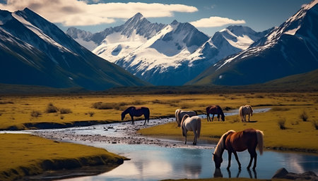 Horses in the highlands of Patagonia, Argentina.の素材