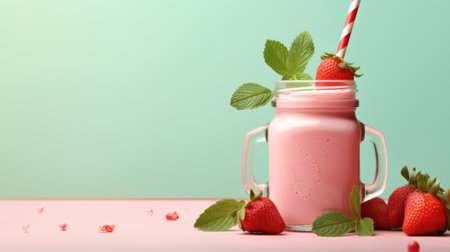 Strawberry milkshake with mint leaves on pink background.の素材