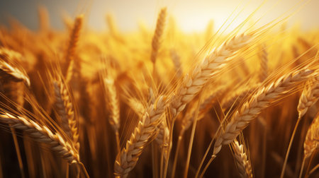 Wheat field. Ears of golden wheat close up. Rich harvest Concept.の素材
