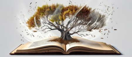 Tree growing out of an open book. Conceptual image of natureの素材