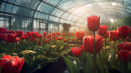 Red tulips growing in a greenhouse. 3d render illustration.の素材