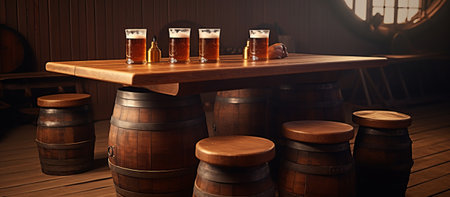 Beer barrels and beer glasses on wooden table in cellar. 3d illustrationの素材