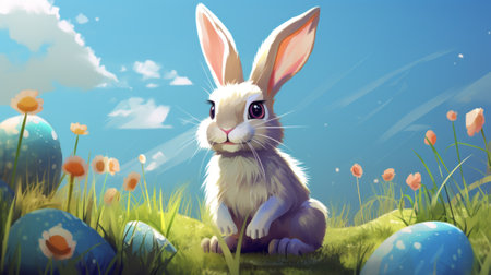 Easter bunny with Easter eggs in the meadow - 3d renderの素材