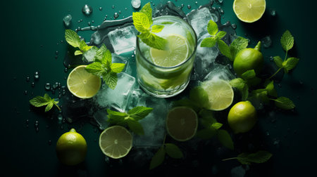 Mojito cocktail with lime, mint and ice on black backgroundの素材