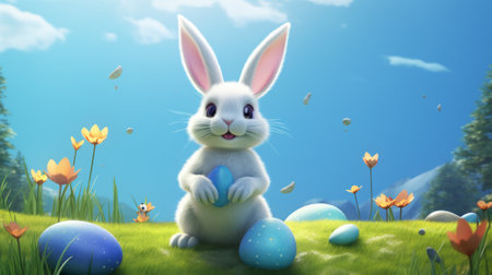 Easter bunny with colorful eggs in the meadow. 3d renderの素材